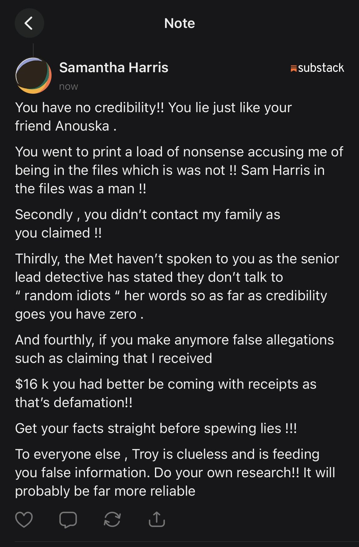 Archived public Samantha Harris Substack comment directed at Troy.